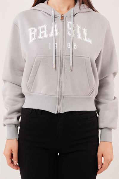 Brasil Baskılı İçi Pamuklu Fermuarlı Koyu Gri Sweatshirt
