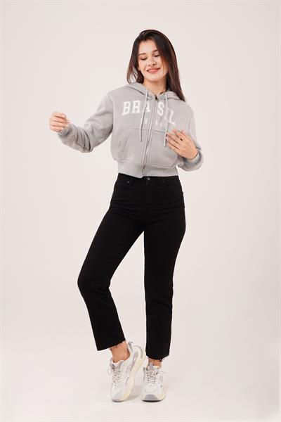 Brasil Baskılı İçi Pamuklu Fermuarlı Koyu Gri Sweatshirt