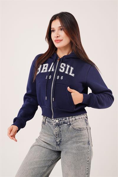 Brasil Baskılı İçi Pamuklu Fermuarlı Lacivert Sweatshirt
