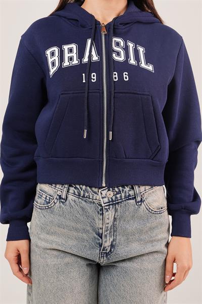 Brasil Baskılı İçi Pamuklu Fermuarlı Lacivert Sweatshirt
