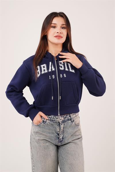 Brasil Baskılı İçi Pamuklu Fermuarlı Lacivert Sweatshirt