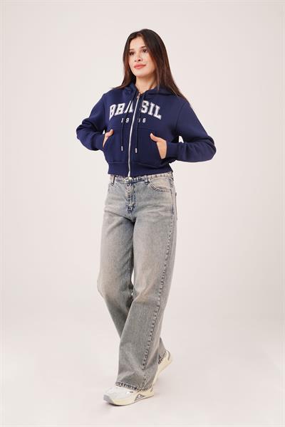 Brasil Baskılı İçi Pamuklu Fermuarlı Lacivert Sweatshirt