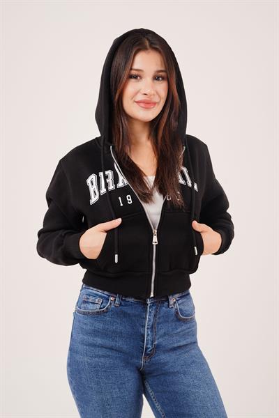 Brasil Baskılı İçi Pamuklu Fermuarlı Siyah Sweatshirt