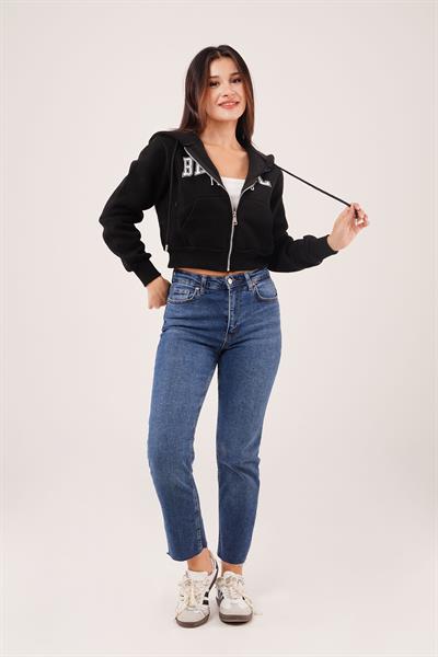 Brasil Baskılı İçi Pamuklu Fermuarlı Siyah Sweatshirt