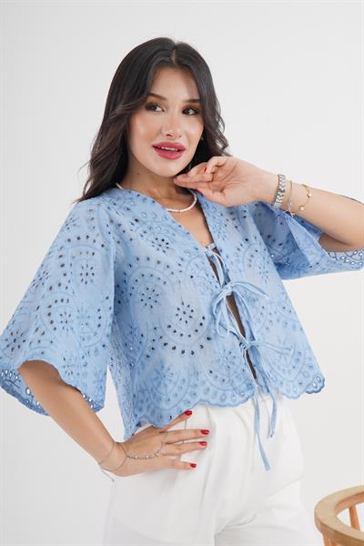 Brode Güpür Mavi Gömlek Bluz