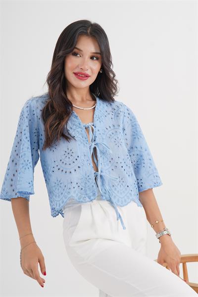 Brode Güpür Mavi Gömlek Bluz