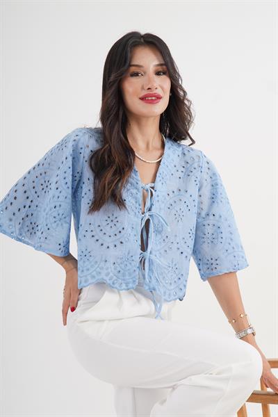 Brode Güpür Mavi Gömlek Bluz