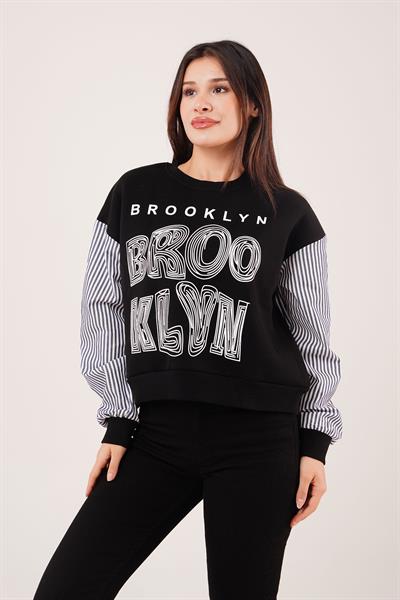 Brooklyn Baskılı Gömlek Kol Siyah Sweatshirt
