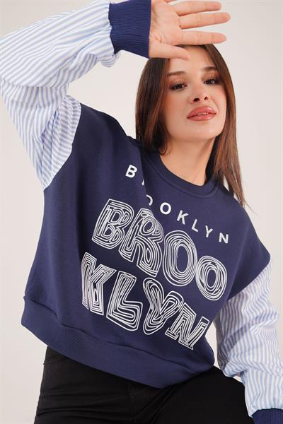 Brooklyn Baskılı Gömlek Kol Lacivert Sweatshirt
