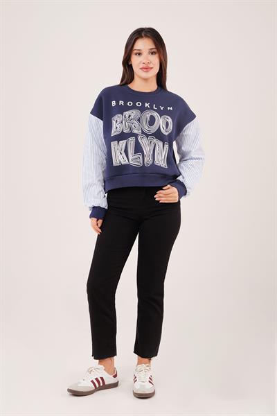 Brooklyn Baskılı Gömlek Kol Lacivert Sweatshirt