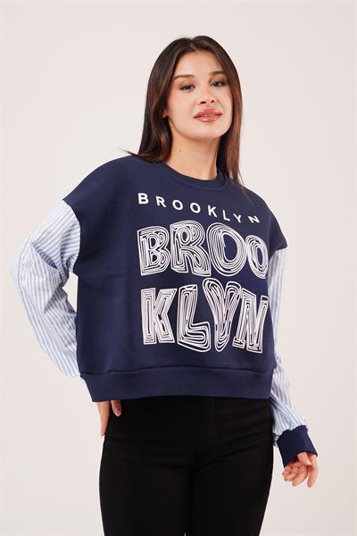 Brooklyn Baskılı Gömlek Kol Lacivert Sweatshirt