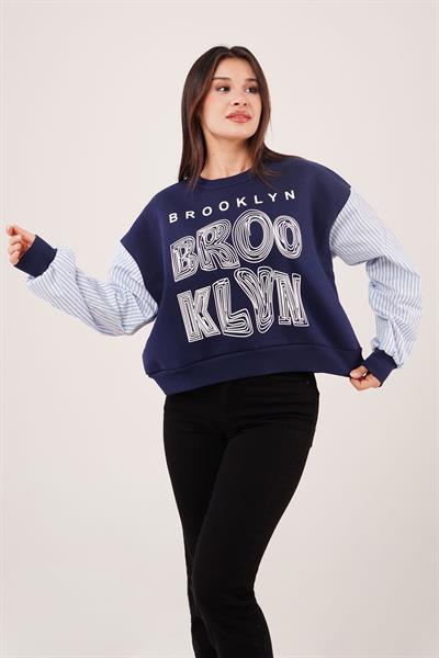 Brooklyn Baskılı Gömlek Kol Lacivert Sweatshirt