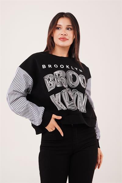 Brooklyn Baskılı Gömlek Kol Siyah Sweatshirt