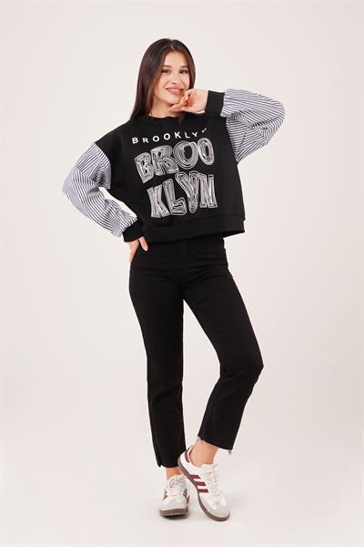 Brooklyn Baskılı Gömlek Kol Siyah Sweatshirt