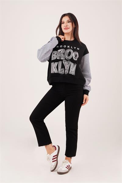 Brooklyn Baskılı Gömlek Kol Siyah Sweatshirt