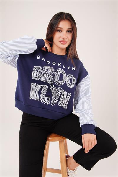 Brooklyn Baskılı Gömlek Kol Lacivert Sweatshirt