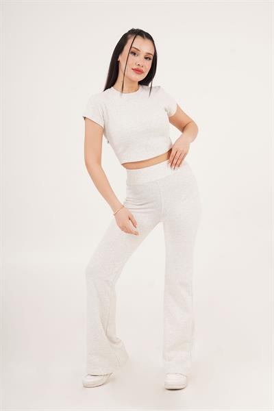 Basic Crop ve İspanyol Paça Pantolon Gri İkili Takım