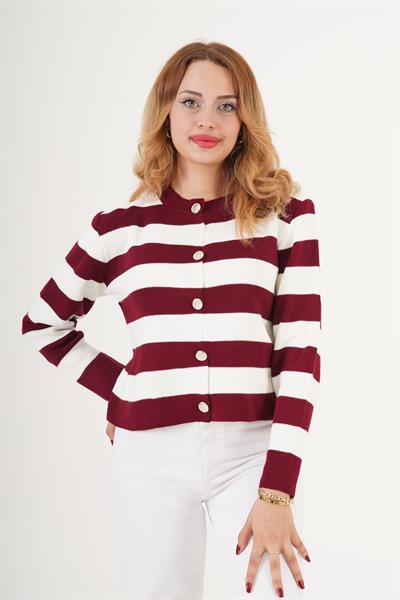 Buton Düğme Detaylı Şeritli Bordo Triko Hırka
