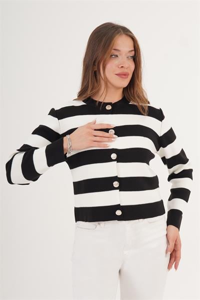 Buton Düğme Detaylı Şeritli Siyah Triko Hırka