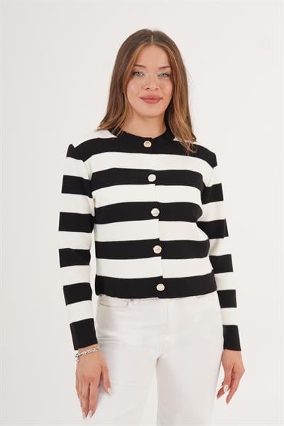 Buton Düğme Detaylı Şeritli Siyah Triko Hırka