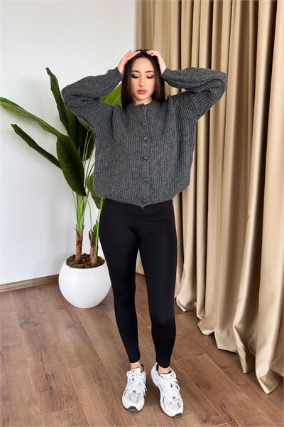 Buton Düğme Selanik Örme Bomber Antrasit Hırka