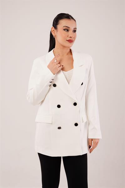 Buton Düğmeli Kruvaze Beyaz Blazer Ceket