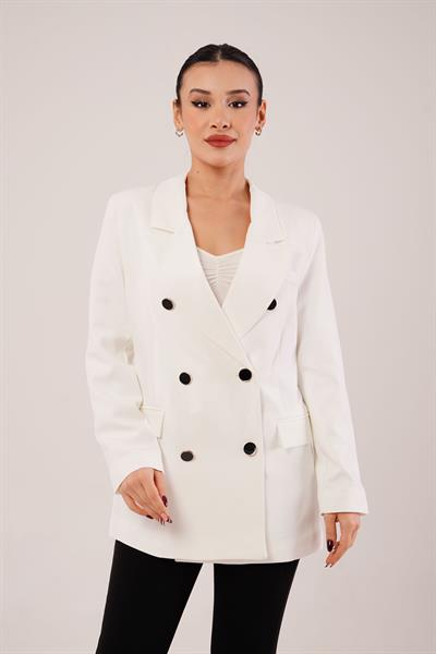 Buton Düğmeli Kruvaze Beyaz Blazer Ceket