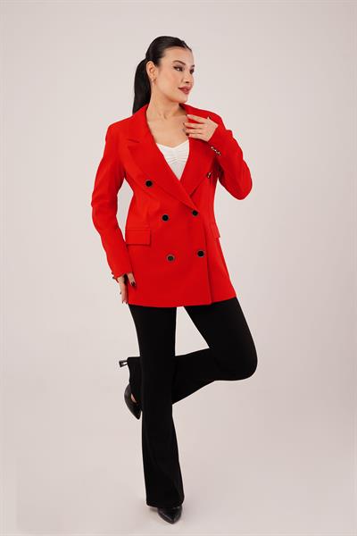 Buton Düğmeli Kruvaze Kırmızı Blazer Ceket