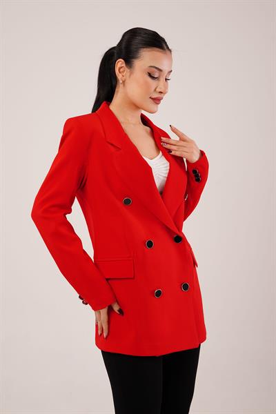 Buton Düğmeli Kruvaze Kırmızı Blazer Ceket