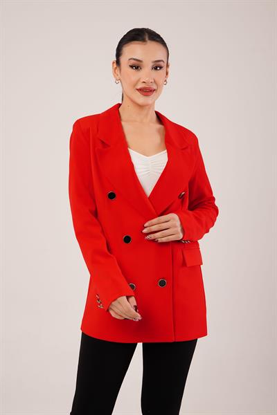 Buton Düğmeli Kruvaze Kırmızı Blazer Ceket