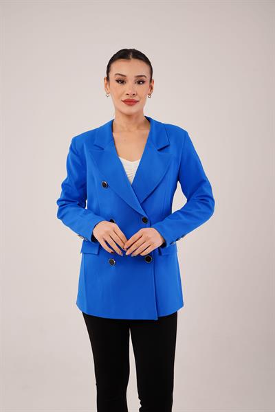 Buton Düğmeli Kruvaze Saks Blazer Ceket