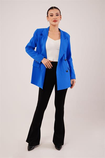 Buton Düğmeli Kruvaze Saks Blazer Ceket