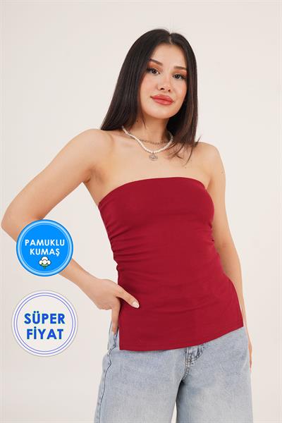 Büzgü Detay Yanları Yırtmaçlı Straplez Bordo Bluz