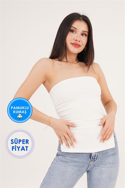 Büzgü Detay Yanları Yırtmaçlı Straplez Beyaz Bluz