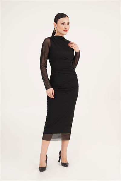 Büzgü Detaylı Astarlı Maxi Siyah Tül Elbise