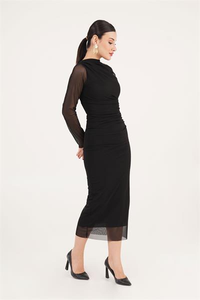 Büzgü Detaylı Astarlı Maxi Siyah Tül Elbise