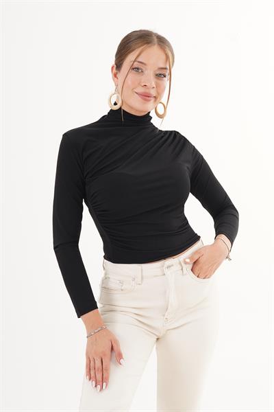 Büzgü Detaylı Dik Yaka Siyah Sandy Bluz