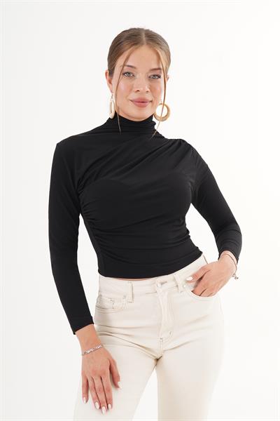 Büzgü Detaylı Dik Yaka Siyah Sandy Bluz