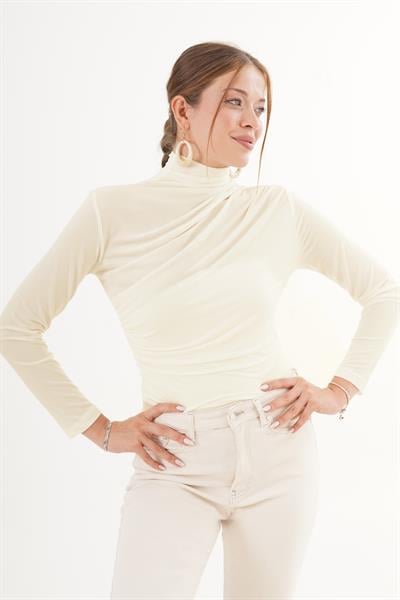 Büzgü Detaylı Dik Yaka Taş Sandy Bluz