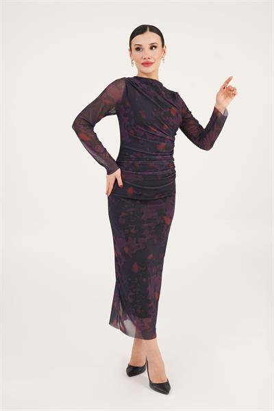 Büzgü Detaylı Astarlı Maxi Boy Mor Geçişli Elbise