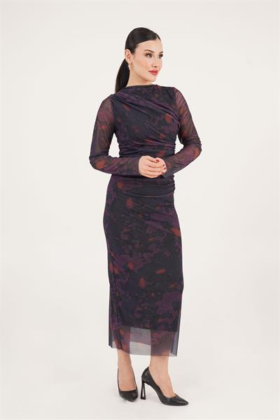 Büzgü Detaylı Astarlı Maxi Boy Mor Geçişli Elbise