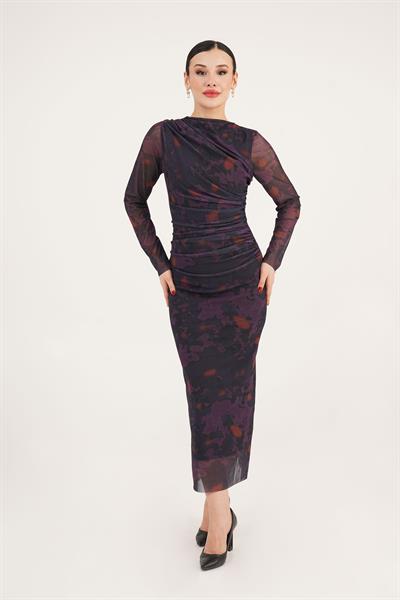 Büzgü Detaylı Astarlı Maxi Boy Mor Geçişli Elbise