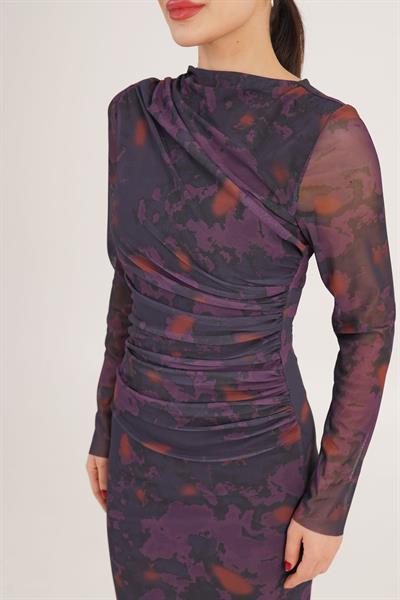 Büzgü Detaylı Astarlı Maxi Boy Mor Geçişli Elbise