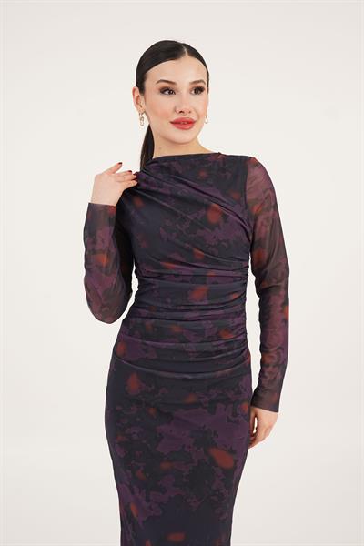 Büzgü Detaylı Astarlı Maxi Boy Mor Geçişli Elbise