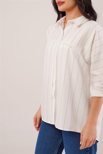Camel Çizgili Kol Katlamalı Gömlek