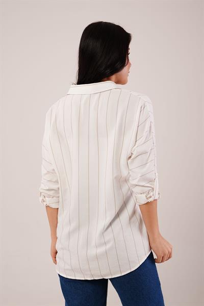 Camel Çizgili Kol Katlamalı Gömlek