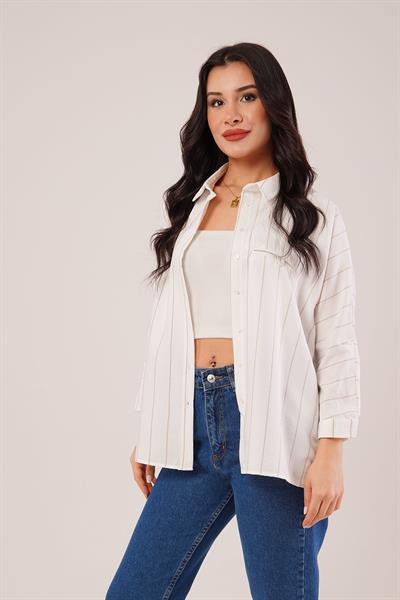 Camel Çizgili Kol Katlamalı Gömlek