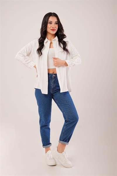 Camel Çizgili Kol Katlamalı Gömlek