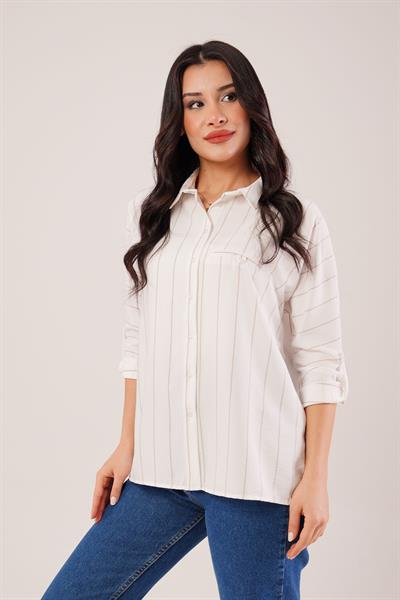 Camel Çizgili Kol Katlamalı Gömlek