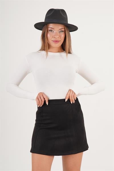 Çan Kesim Yüksek Bel Siyah Süet Mini Etek